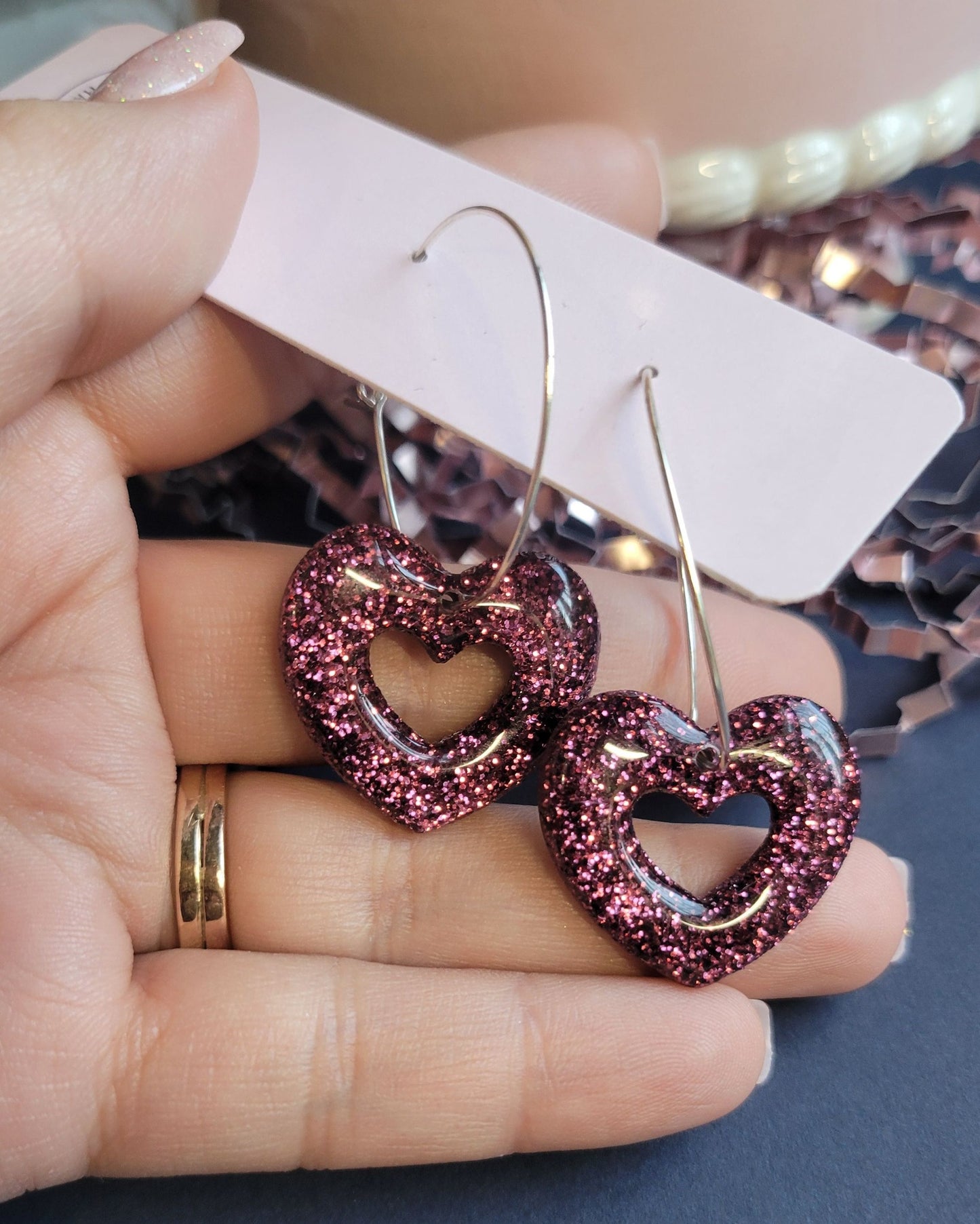 Wine Glitter Heart Hoops