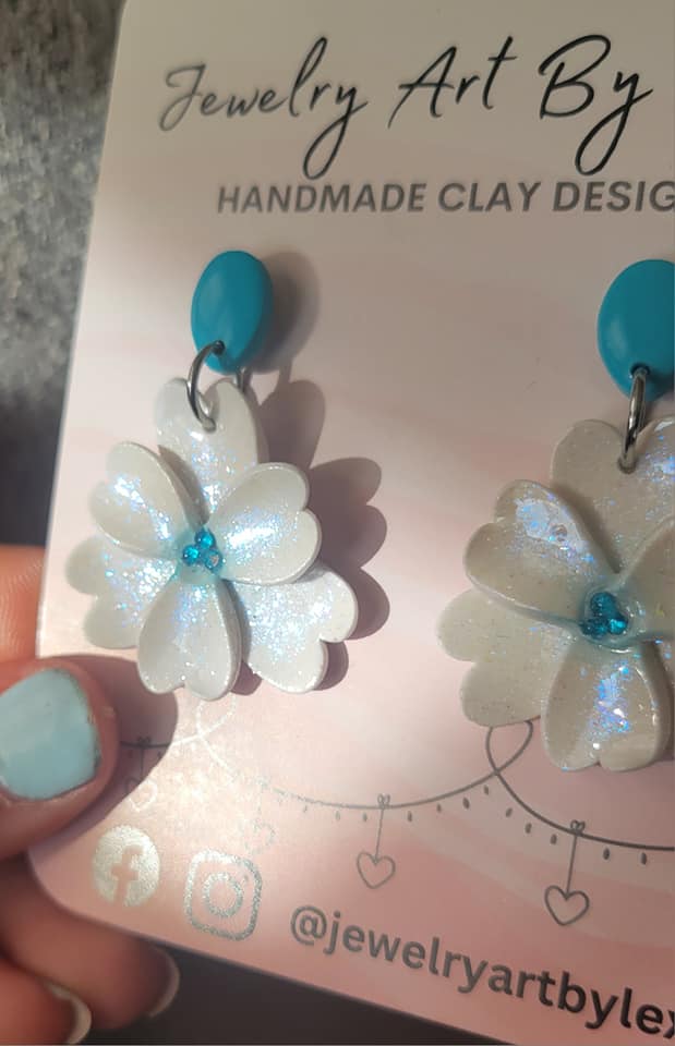 Teal/White Flower Dangles
