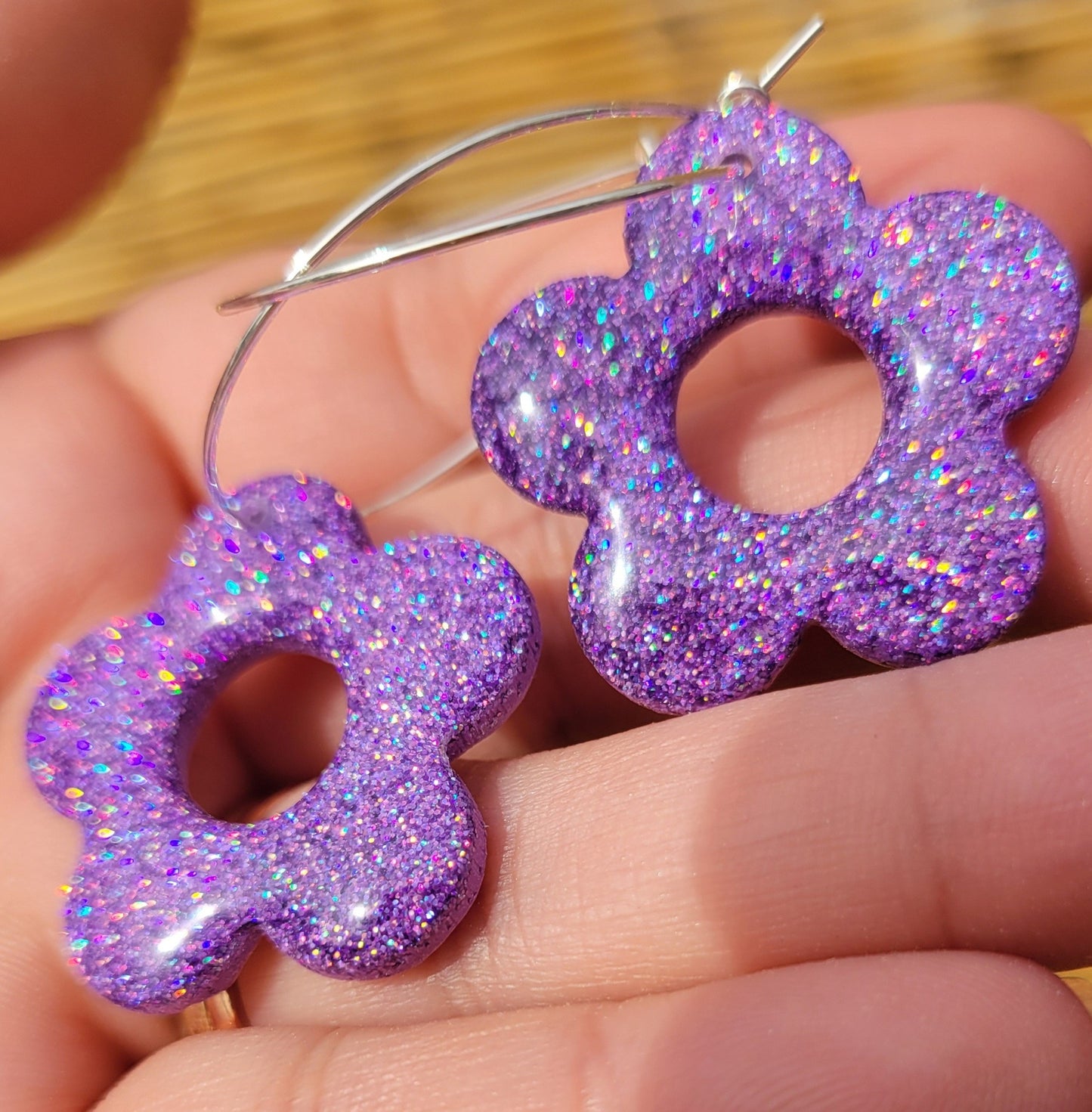 Purple Holo Glitter Flower Hoops