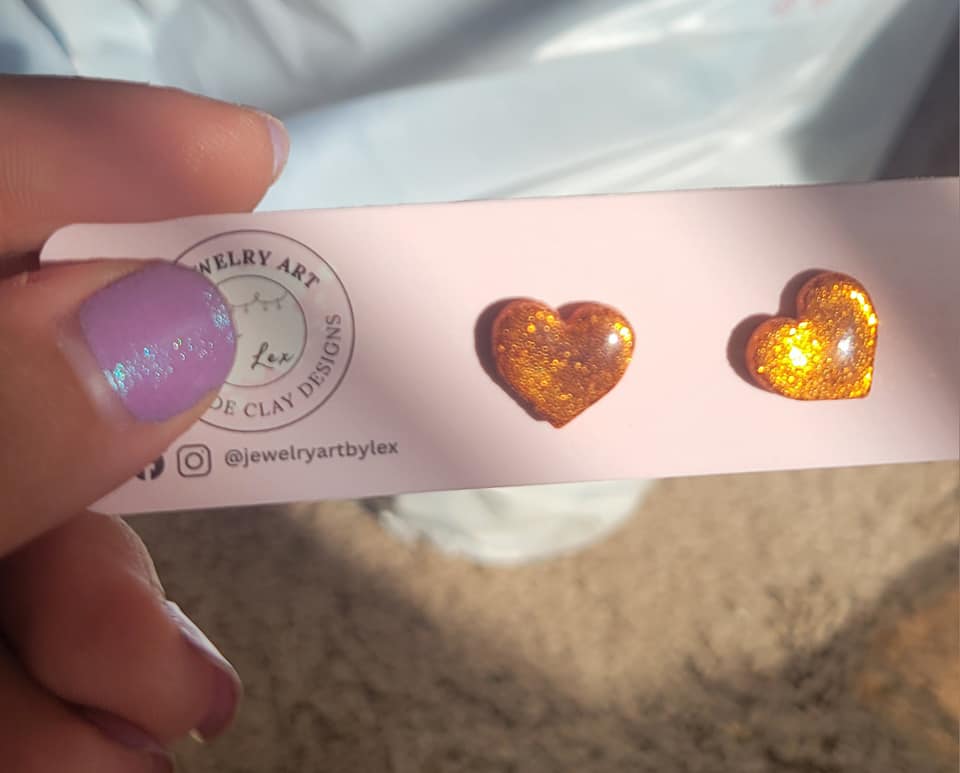 Orange Glitter Heart Studs