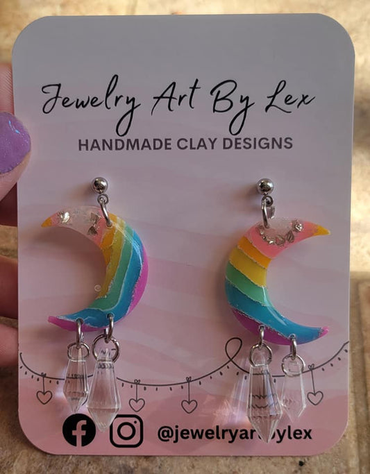 Rainbow Agate Crystal Moon Dangles