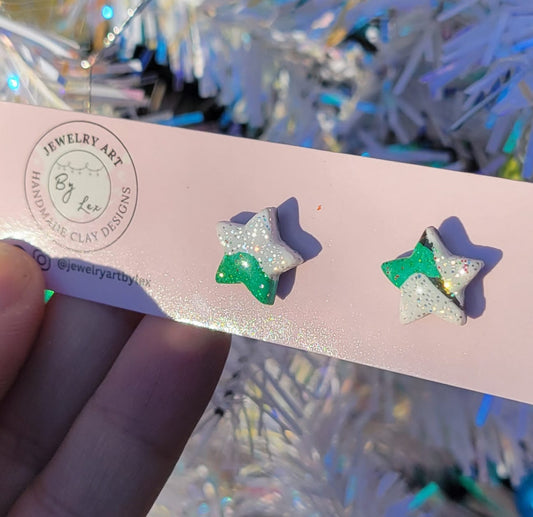 Green/White Glitter Star Studs