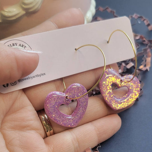 Pink/Gold Glitter Heart Hoops