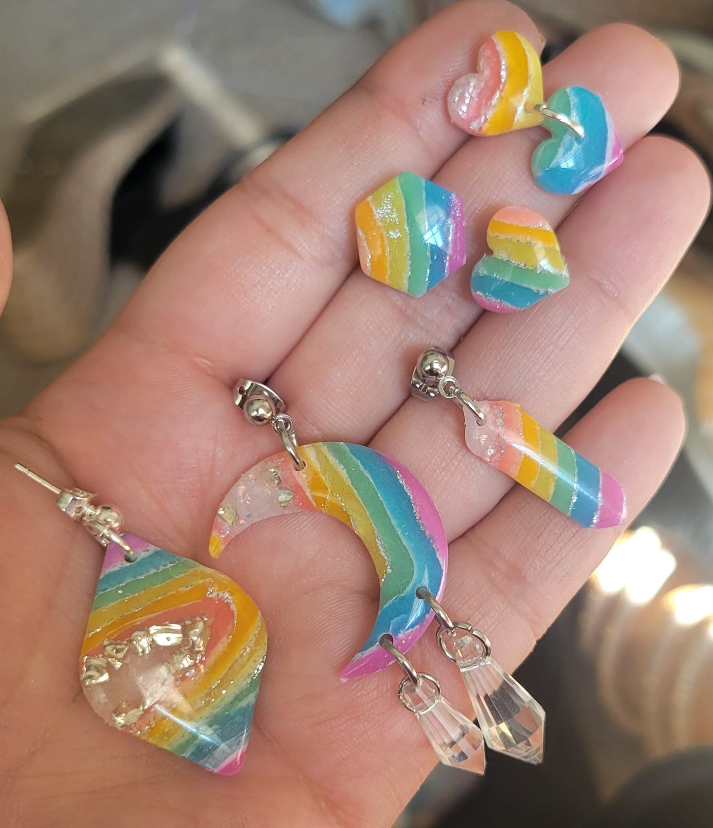 Rainbow Agate Crystal Moon Dangles