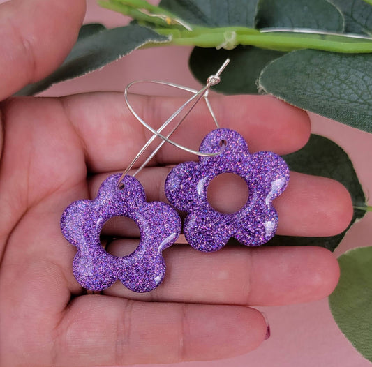 Purple Holo Glitter Flower Hoops