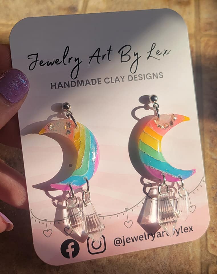Rainbow Agate Crystal Moon Dangles