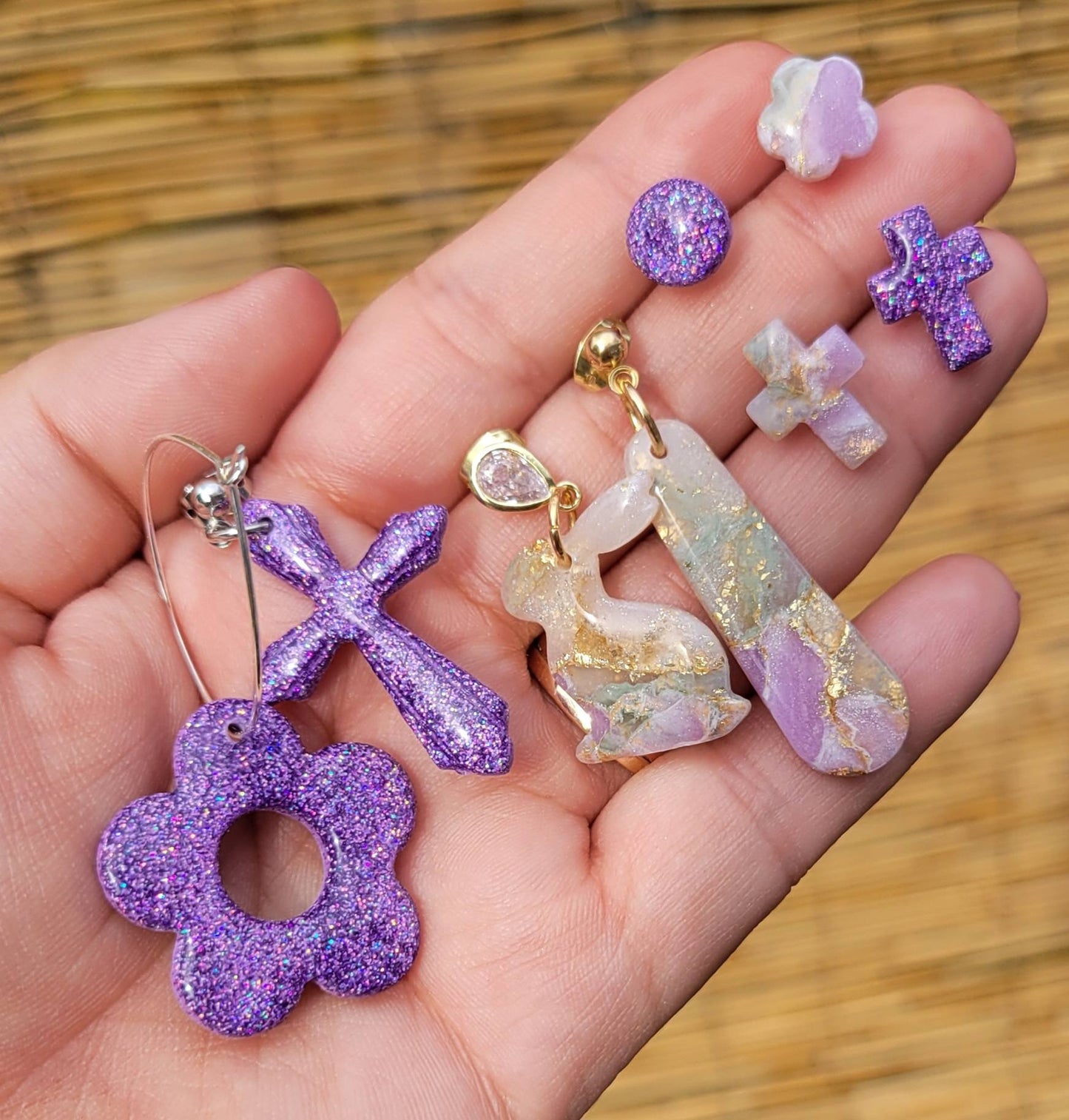 Purple Holo Glitter Flower Hoops