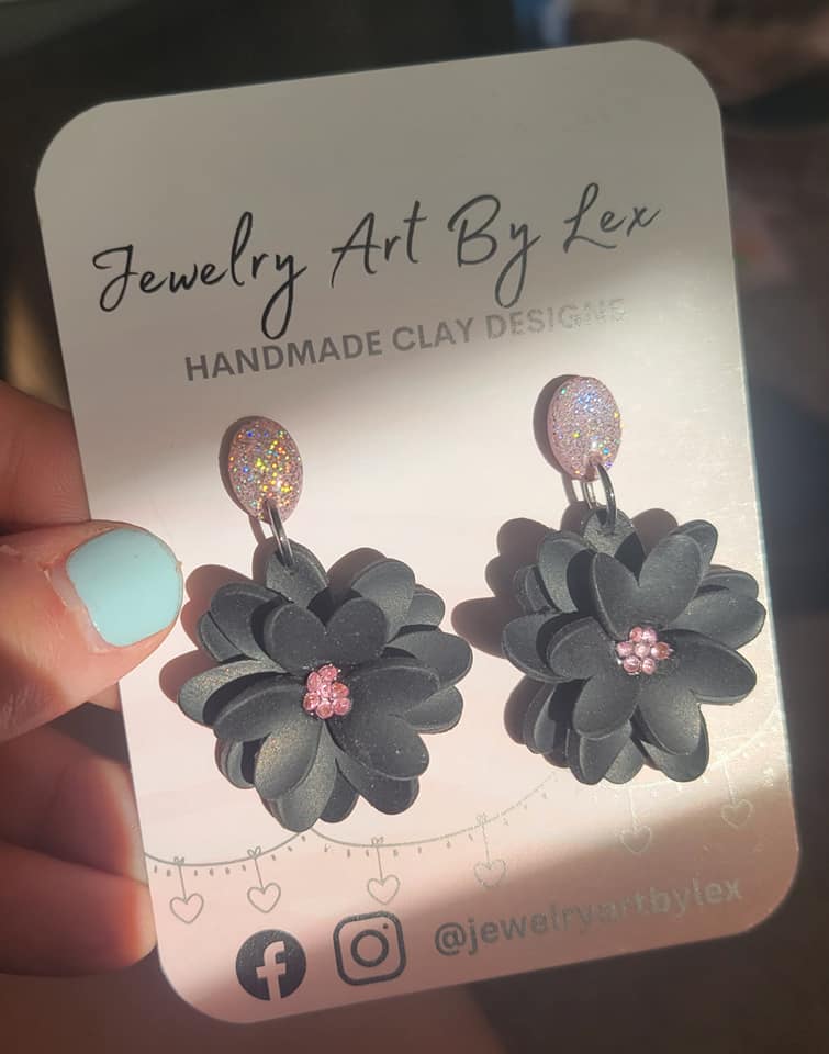 Pink/Black 3D Flower Dangles