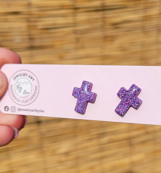 Purple Holo Glitter Cross Studs