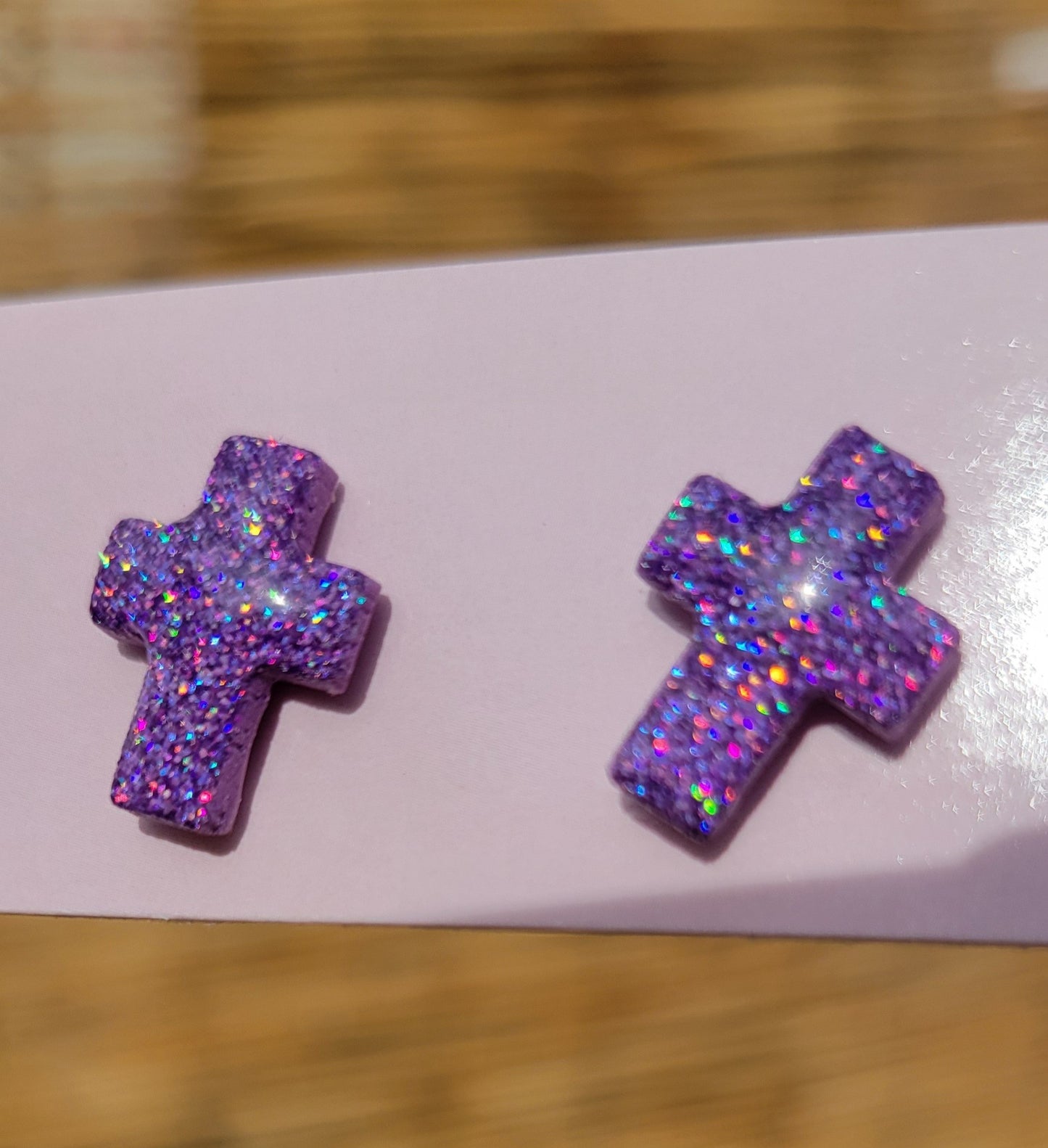 Purple Holo Glitter Cross Studs