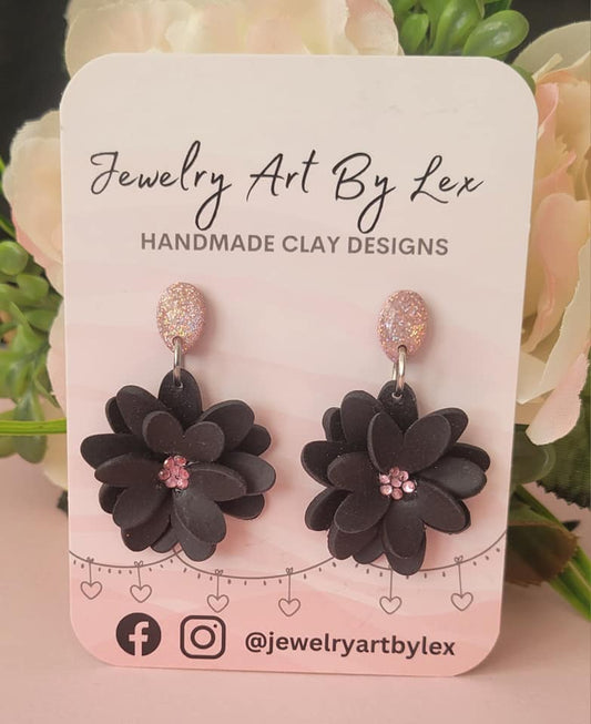 Pink/Black 3D Flower Dangles