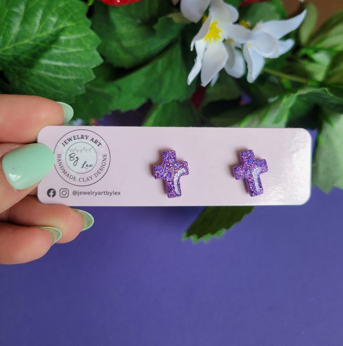 Purple Holo Cross Studs