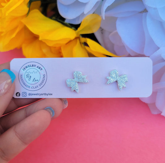 White Glitter Bow Studs