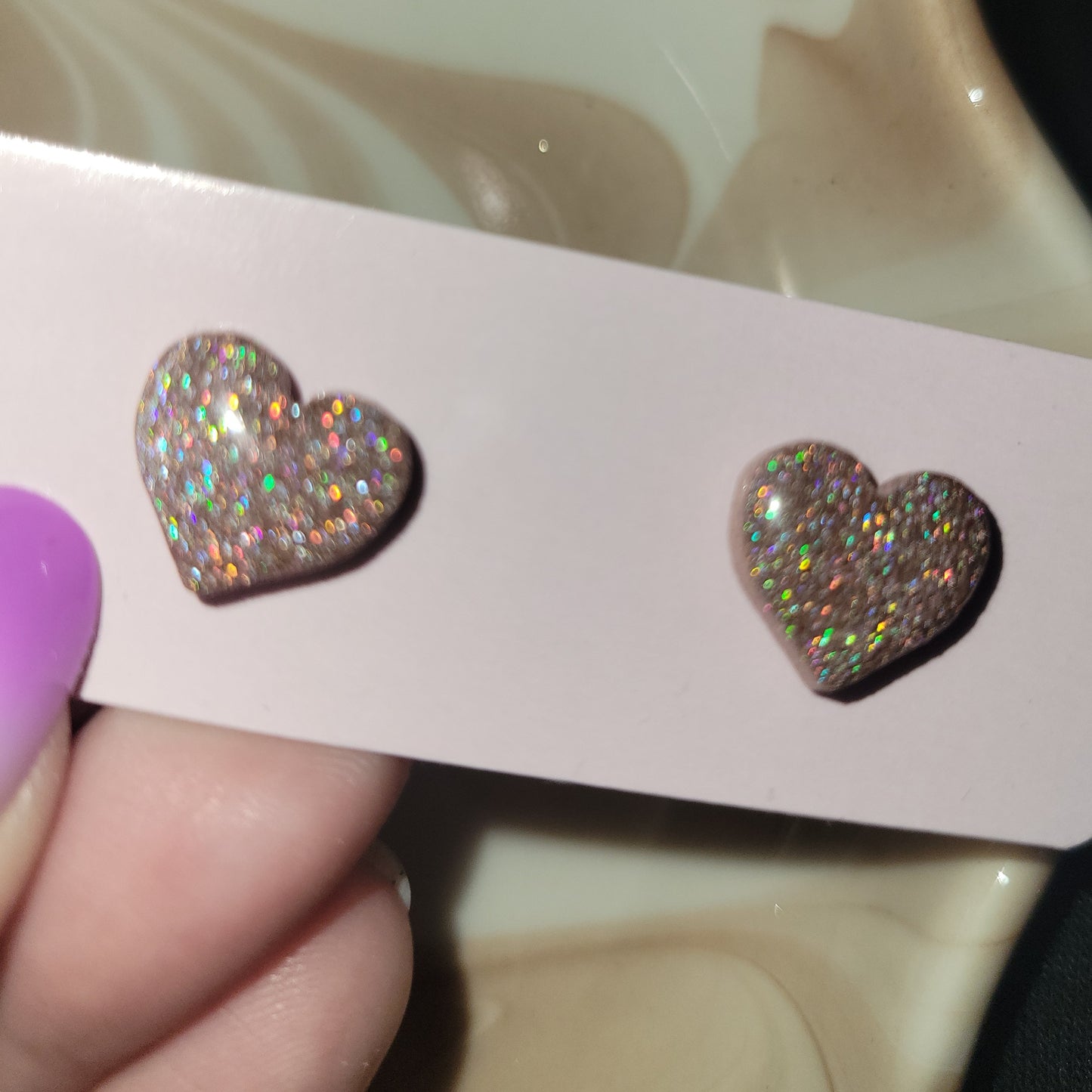 Nude Holo Heart Studs