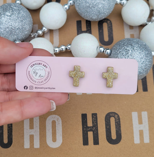 Gold Glitter Cross Studs