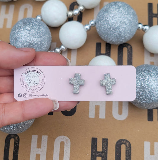 Silver Glitter Cross Studs