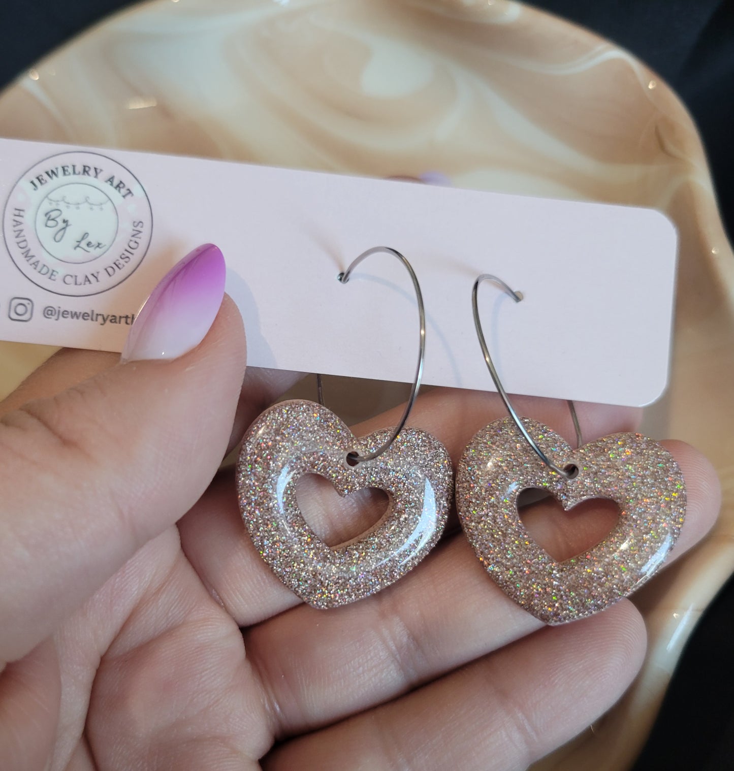 Nude Holo Heart Hoops