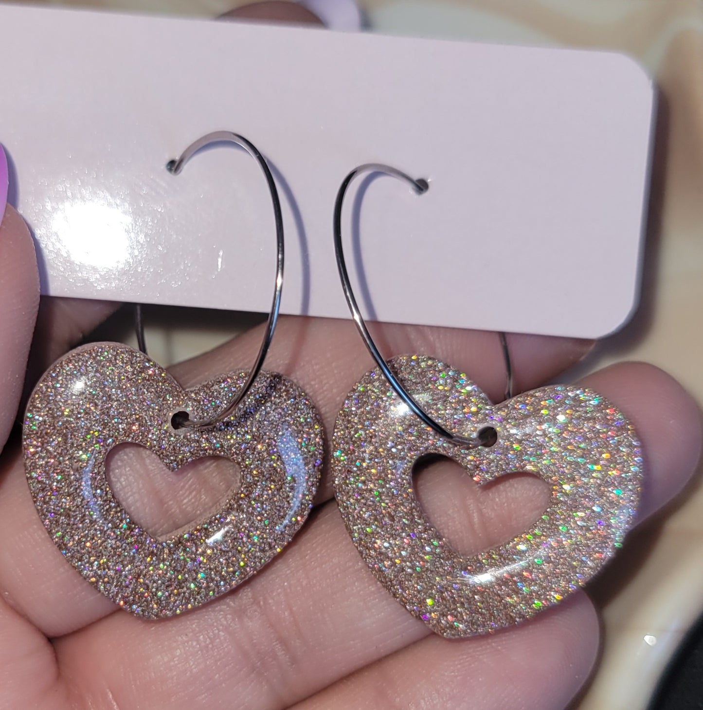 Nude Holo Heart Hoops